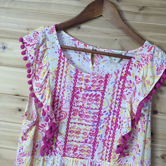 Savanna Jane Top Womens 1X Pink Printed PomPom Sleeveless Blouse Boho - Picture 2 of 9